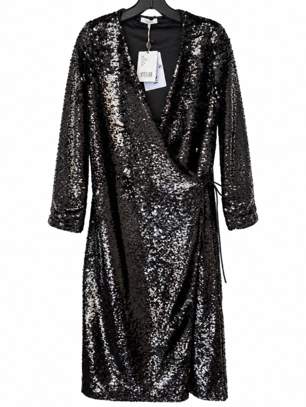 GANNI Black Sequin Wrap Midi Dress Long Sleeve NWT
